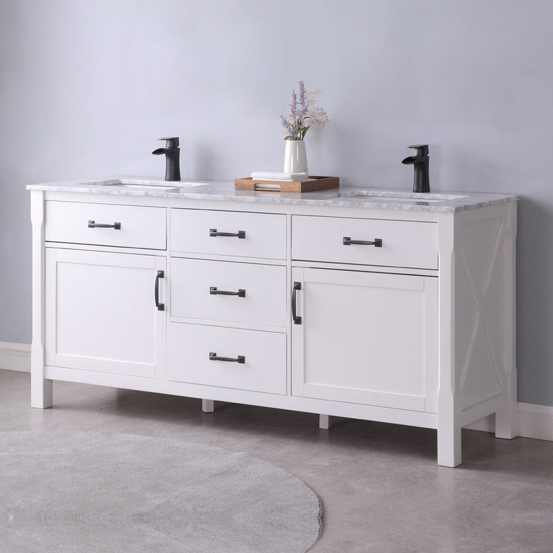 Load image into Gallery viewer, Altair Maribella 72" Double Bathroom Vanity Set in White and Carrara White Marble Countertop with Mirror 535072-WH-CA