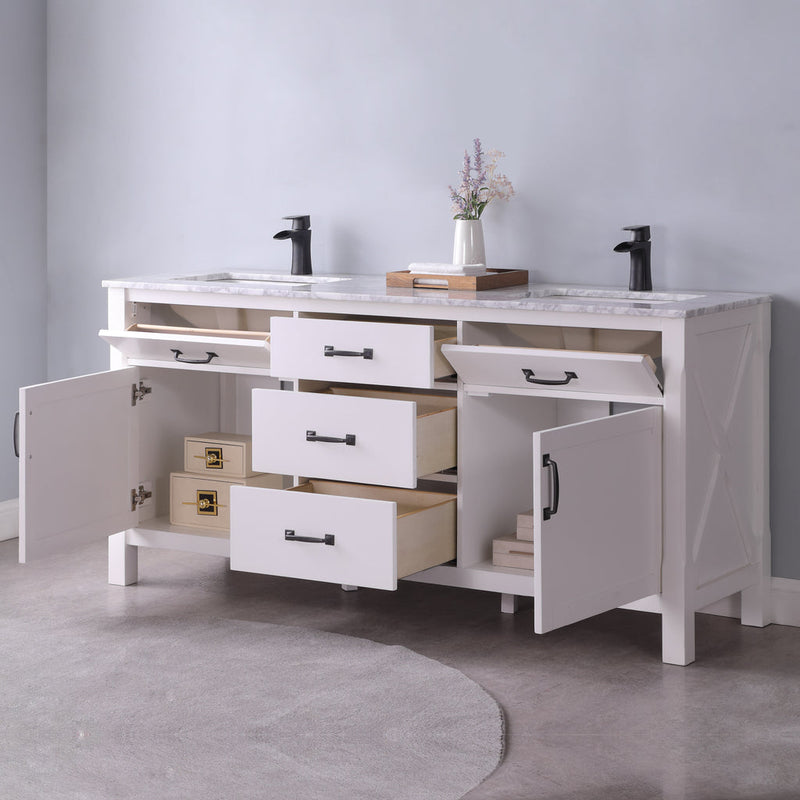 Load image into Gallery viewer, Altair Maribella 72" Double Bathroom Vanity Set in White and Carrara White Marble Countertop with Mirror 535072-WH-CA