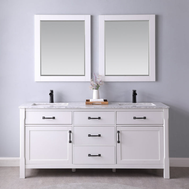 Load image into Gallery viewer, Altair Maribella 72" Double Bathroom Vanity Set in White and Carrara White Marble Countertop with Mirror 535072-WH-CA