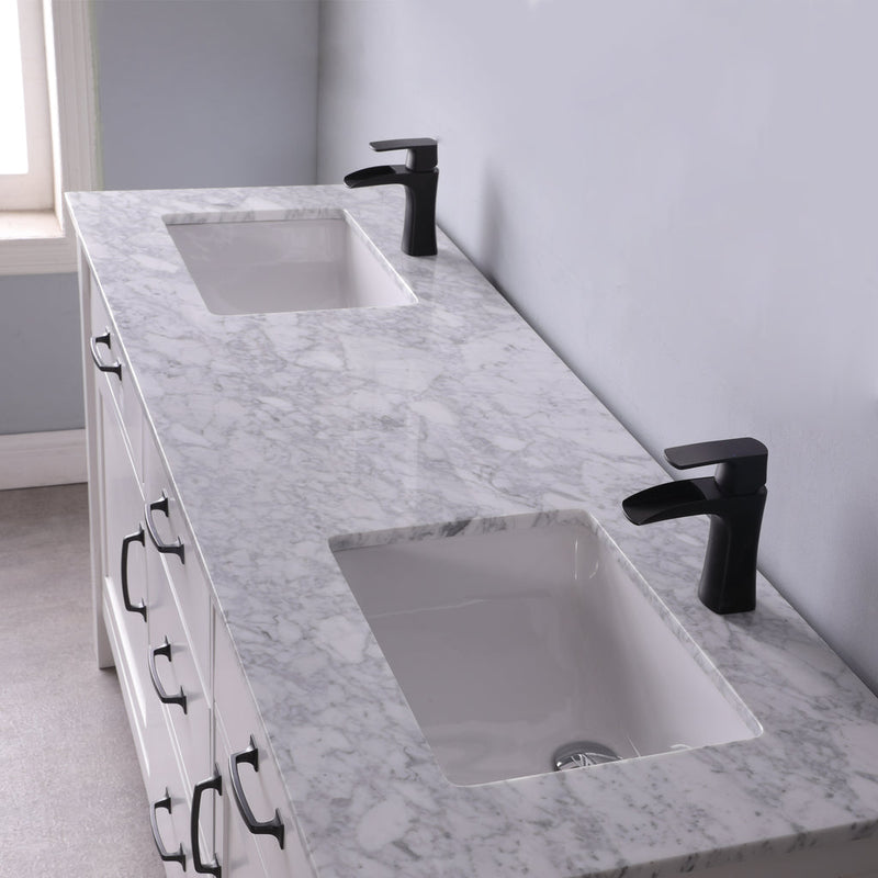 Load image into Gallery viewer, Altair Maribella 72" Double Bathroom Vanity Set in White and Carrara White Marble Countertop with Mirror 535072-WH-CA