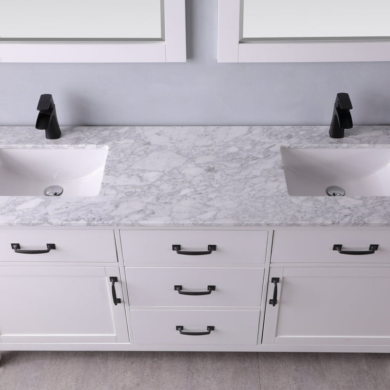 Load image into Gallery viewer, Altair Maribella 72" Double Bathroom Vanity Set in White and Carrara White Marble Countertop with Mirror 535072-WH-CA