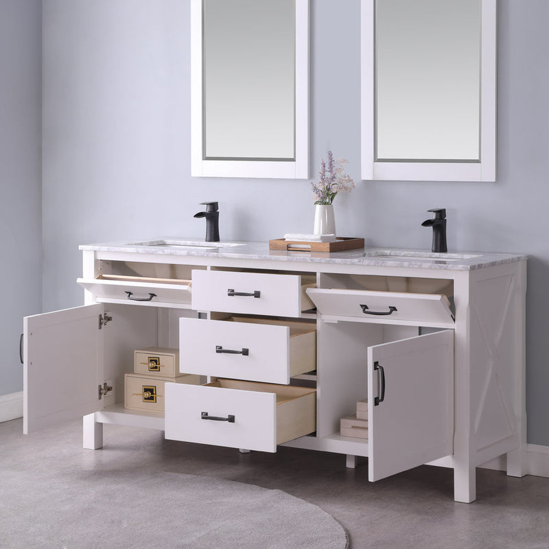 Load image into Gallery viewer, Altair Maribella 72" Double Bathroom Vanity Set in White and Carrara White Marble Countertop with Mirror 535072-WH-CA