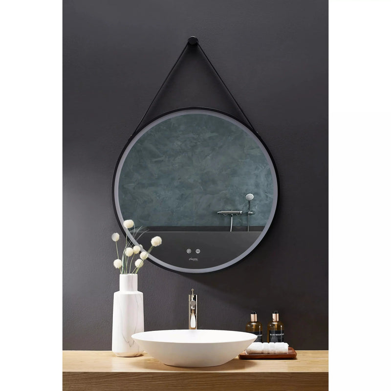 Load image into Gallery viewer, Ancerre 30” Sangle Led Mirror Black Framed Lighted Bathroom Vanity Mirror and Vegan leather Strap