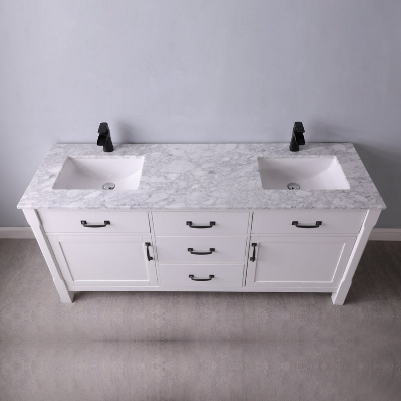 Load image into Gallery viewer, Altair Maribella 72" Double Bathroom Vanity Set in White and Carrara White Marble Countertop with Mirror 535072-WH-CA