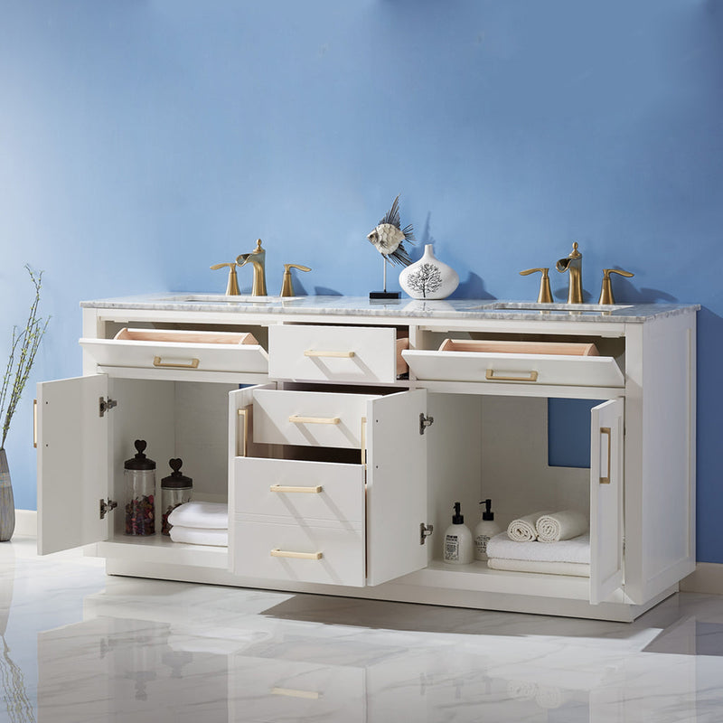Load image into Gallery viewer, Altair Ivy 72" Double Bathroom Vanity Set in White and Carrara White Marble Countertop with Mirror 531072-WH-CA