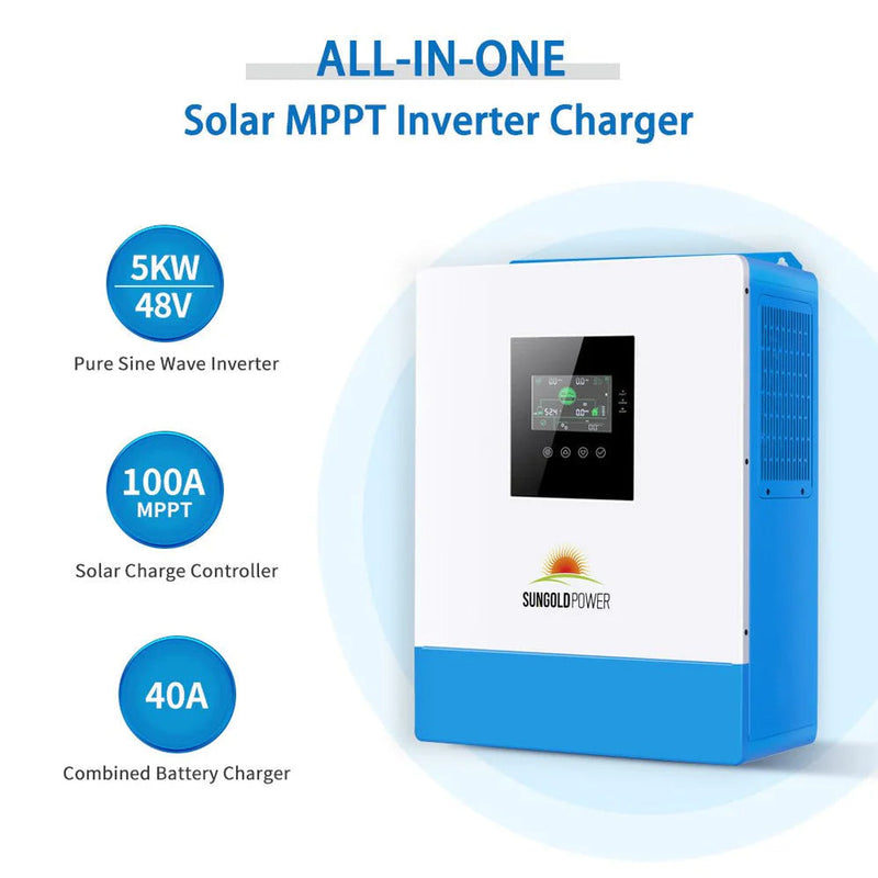 Load image into Gallery viewer, SunGoldPower Off-Grid Solar Kit 5000W 48VDC 120V LifePo4 10.24KWH Lithium Battery 6 X 415 Watts Solar Panels SGR-5KE