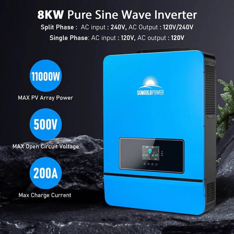 Load image into Gallery viewer, SunGoldPower Off-Grid Solar Kit 8000W 48VDC 120V/240V LifePo4 10.24KWH Lithium Battery 8 X 415 Watts Solar Panels SGR-8K10E
