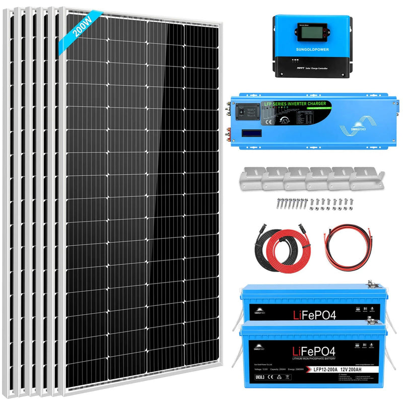 Load image into Gallery viewer, SunGoldPower Off Grid Solar Kit 4000W Inverter 12VDC 120V/240V LiFePO4 Battery 1200 Watt Solar Back Up SGK-PR4S