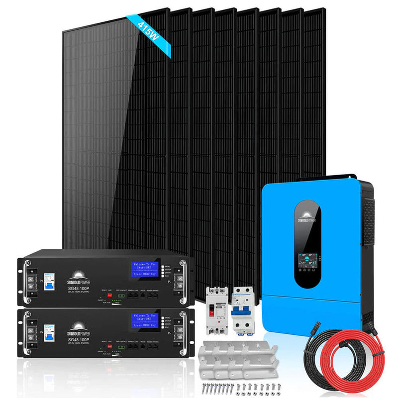 Load image into Gallery viewer, SunGoldPower Off-Grid Solar Kit 6500W 48VDC 120/240VAC LifePo4 10.24KWH Lithium Battery 8 X 415W Solar Panels SGR-6510E