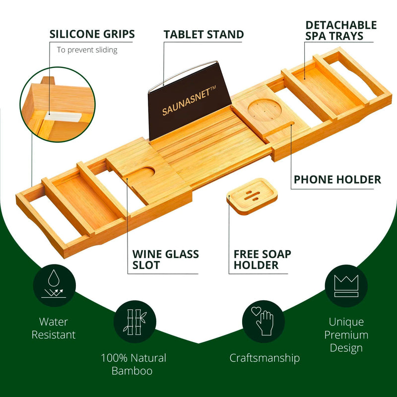 Load image into Gallery viewer, SAUNA EVOLUTION® Natural Bamboo Bathtub Caddy