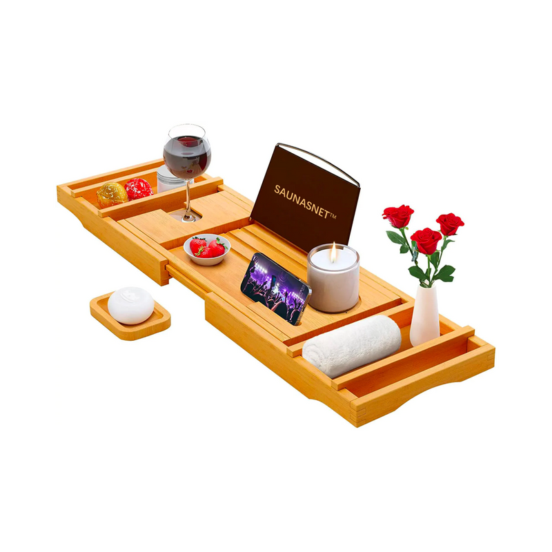 Load image into Gallery viewer, SAUNA EVOLUTION® Natural Bamboo Bathtub Caddy