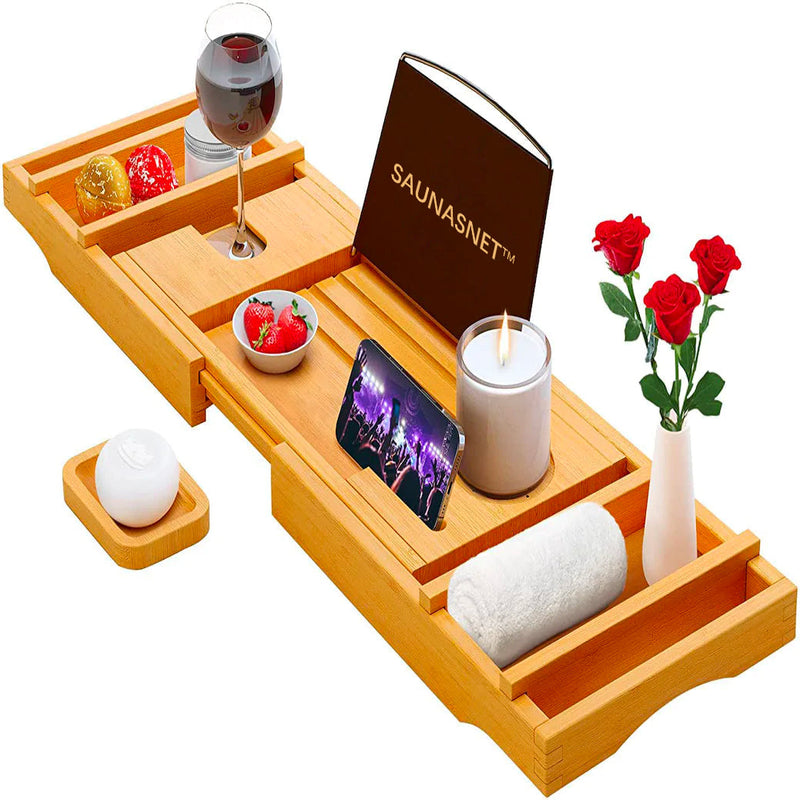 Load image into Gallery viewer, SAUNA EVOLUTION® Natural Bamboo Bathtub Caddy