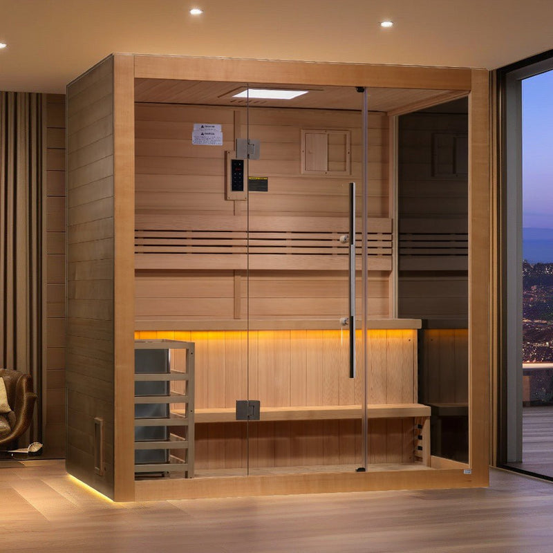 Load image into Gallery viewer, Golden Designs "Forssa Edition" 4 Person Traditional Sauna - Canadian Red Cedar Interior