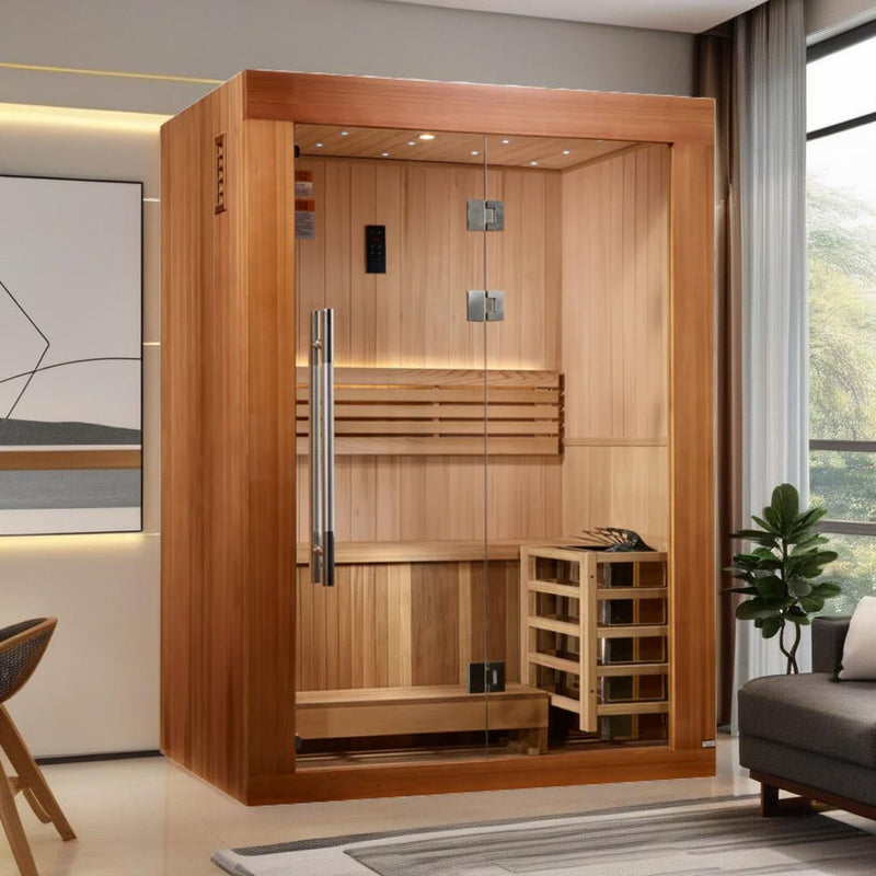 Load image into Gallery viewer, Golden Designs "Sundsvall Edition" 2 Person Traditional Sauna - Canadian Red Cedar Interior and Pacific Premium Clear Cedar Exterior