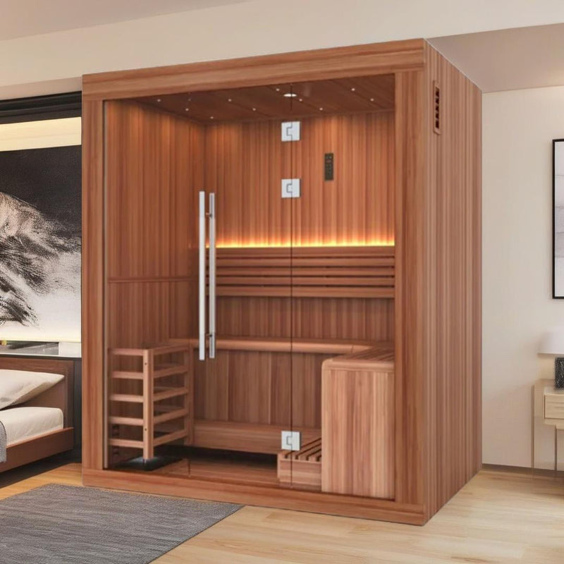 Load image into Gallery viewer, Golden Designs "Sundsvall Edition" 2 Person Traditional Sauna - Canadian Red Cedar Interior and Pacific Premium Clear Cedar Exterior