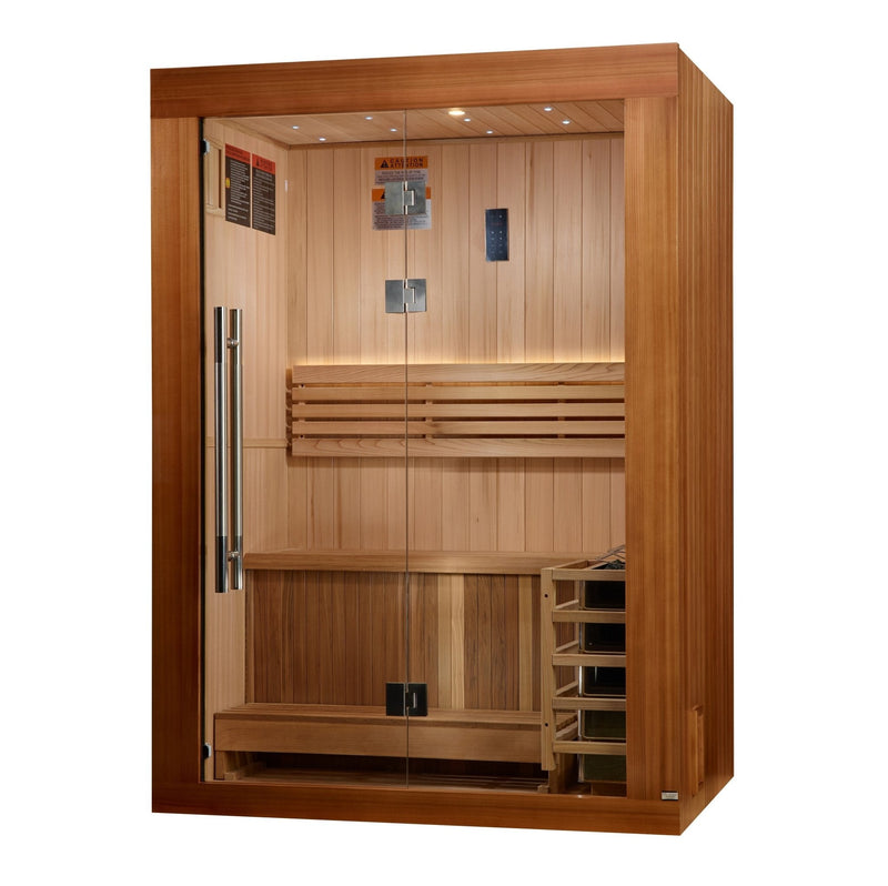 Load image into Gallery viewer, Golden Designs "Sundsvall Edition" 2 Person Traditional Sauna - Canadian Red Cedar Interior and Pacific Premium Clear Cedar Exterior