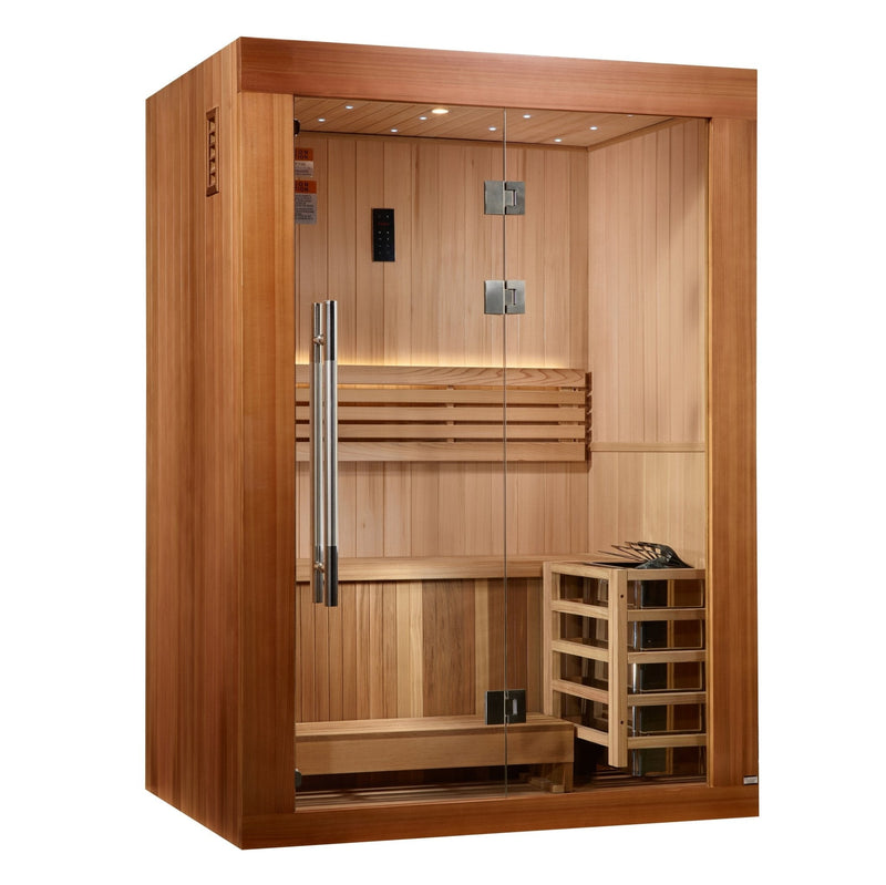 Load image into Gallery viewer, Golden Designs "Sundsvall Edition" 2 Person Traditional Sauna - Canadian Red Cedar Interior and Pacific Premium Clear Cedar Exterior