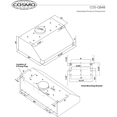 Load image into Gallery viewer, Cosmo 48" Under Cabinet Range Hood with Push Button Controls, Permanent Filters, 3-Speed Fan and LED Lights in Stainless Steel COS-QB48