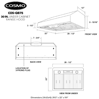 Load image into Gallery viewer, Cosmo 30" Ducted Under Cabinet Range Hood in Stainless Steel with Push Button Controls, LED Lighting and Permanent Filters COS-QB75
