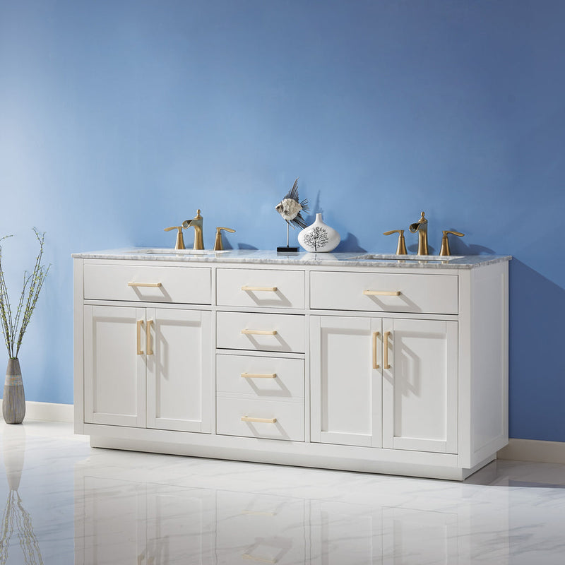 Load image into Gallery viewer, Altair Ivy 72" Double Bathroom Vanity Set in White and Carrara White Marble Countertop with Mirror 531072-WH-CA
