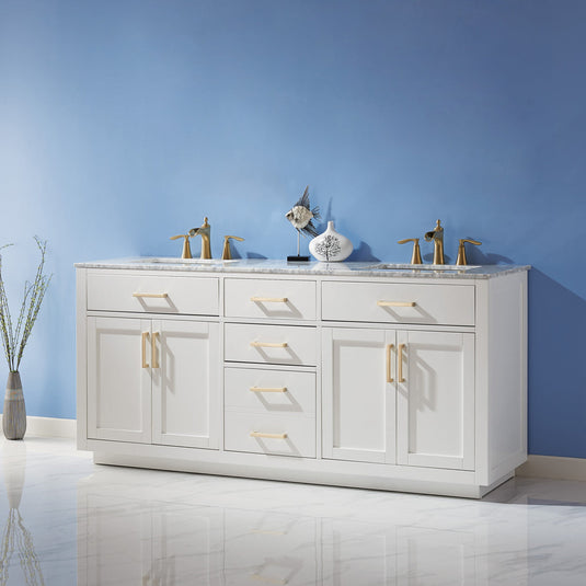 Altair Ivy 72" Double Bathroom Vanity Set in White and Carrara White Marble Countertop with Mirror 531072-WH-CA