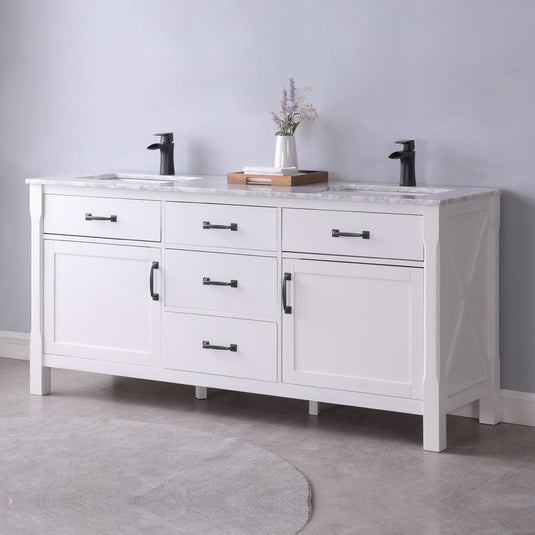 Altair Maribella 72" Double Bathroom Vanity Set in White and Carrara White Marble Countertop with Mirror  535072-WH-CA