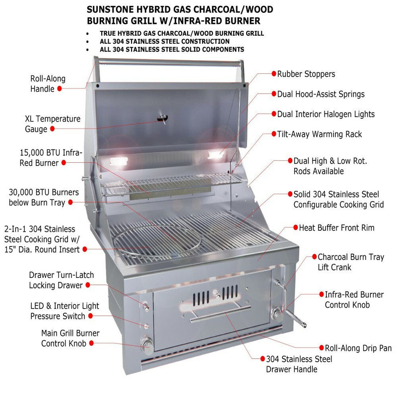 Load image into Gallery viewer, Sunstone 30” Gas Burners Hybrid Single Zone Charcoal/Wood Burning w/Infra-Red Burner Grill SUNCHSZ30
