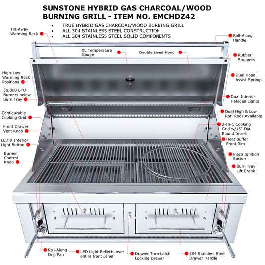 Sunstone 42" Gas Hybrid Dual Zone Charcoal/Wood Burning Grill EMCHDZ42