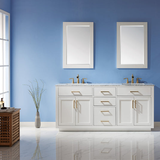 Altair Ivy 72" Double Bathroom Vanity Set in White and Carrara White Marble Countertop with Mirror 531072-WH-CA