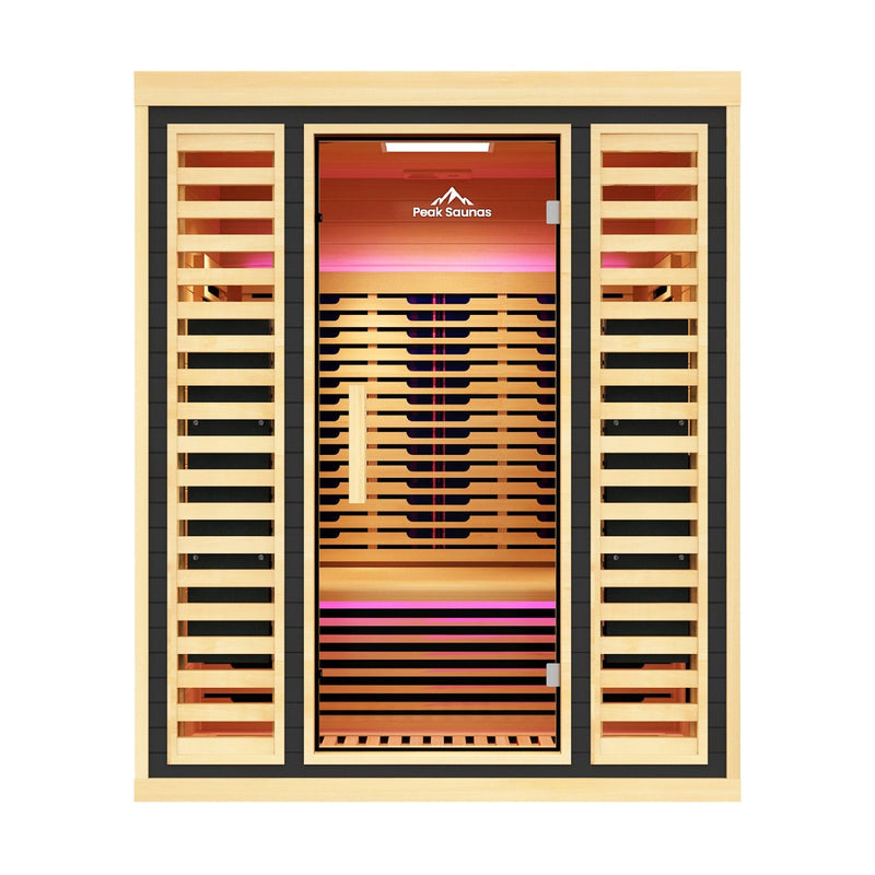 Load image into Gallery viewer, Peak Saunas Denali Luxury 3-Person Full Spectrum Infrared Sauna with Two XL Medical-Grade Red Light Therapy Panels &amp; Smart WiFi App Control
