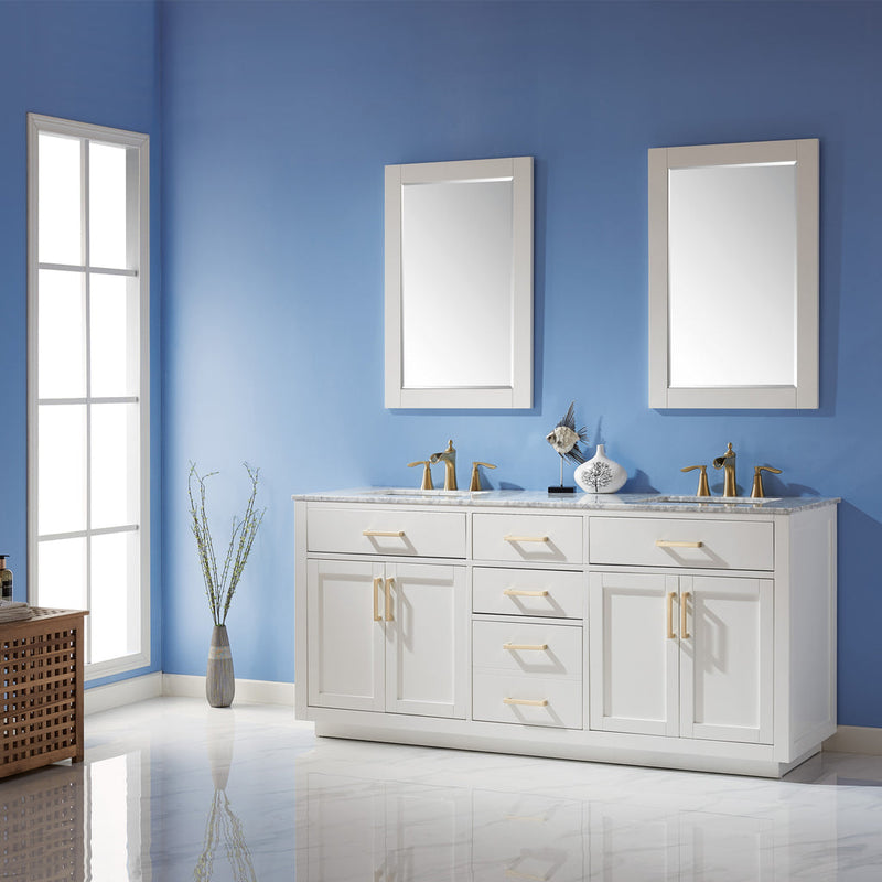 Load image into Gallery viewer, Altair Ivy 72" Double Bathroom Vanity Set in White and Carrara White Marble Countertop with Mirror 531072-WH-CA
