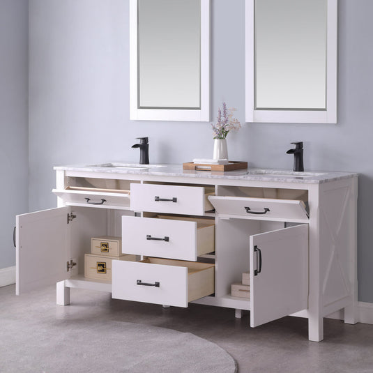 Altair Maribella 72" Double Bathroom Vanity Set in White and Carrara White Marble Countertop with Mirror  535072-WH-CA