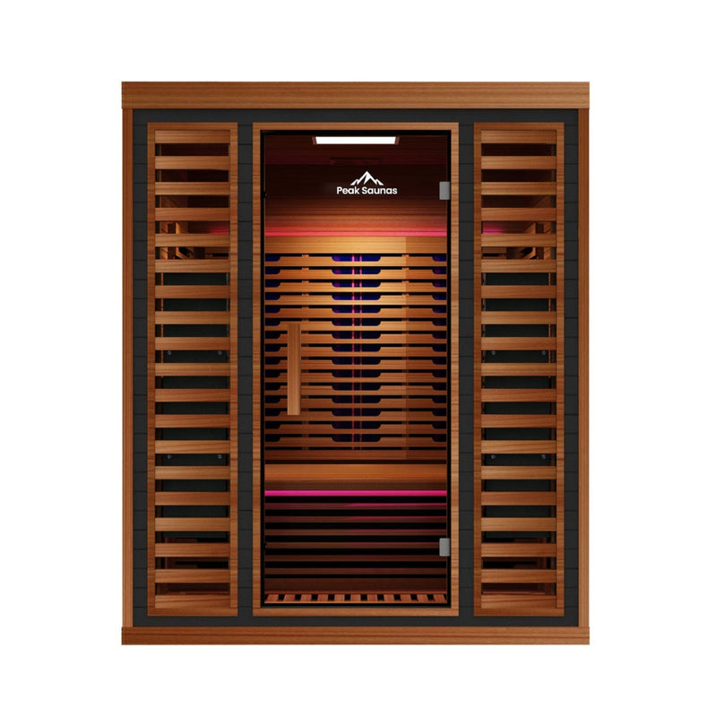 Load image into Gallery viewer, Peak Saunas Matterhorn Luxury 3-Person Full Spectrum Infrared Sauna with Two XL Medical-Grade Red Light Therapy Panels &amp; Smart WiFi App Control
