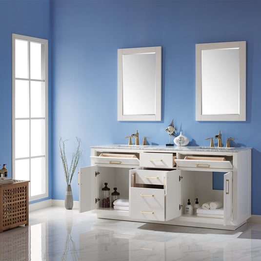 Altair Ivy 72" Double Bathroom Vanity Set in White and Carrara White Marble Countertop with Mirror 531072-WH-CA