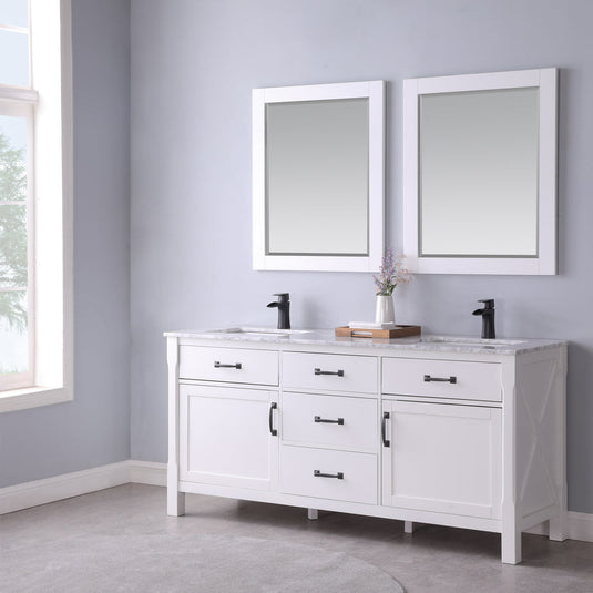 Altair Maribella 72" Double Bathroom Vanity Set in White and Carrara White Marble Countertop with Mirror  535072-WH-CA