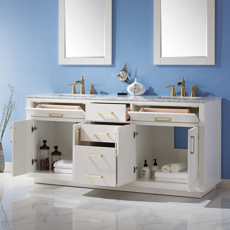 Load image into Gallery viewer, Altair Ivy 72" Double Bathroom Vanity Set in White and Carrara White Marble Countertop with Mirror 531072-WH-CA
