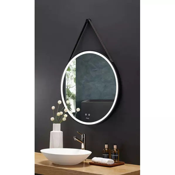 Load image into Gallery viewer, Ancerre 30” Sangle Led Mirror Black Framed Lighted Bathroom Vanity Mirror and Vegan leather Strap
