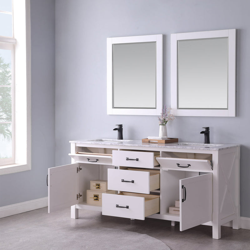 Load image into Gallery viewer, Altair Maribella 72" Double Bathroom Vanity Set in White and Carrara White Marble Countertop with Mirror  535072-WH-CA
