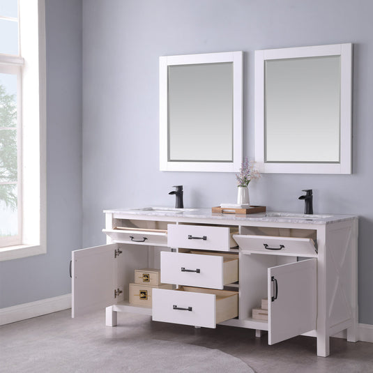 Altair Maribella 72" Double Bathroom Vanity Set in White and Carrara White Marble Countertop with Mirror  535072-WH-CA