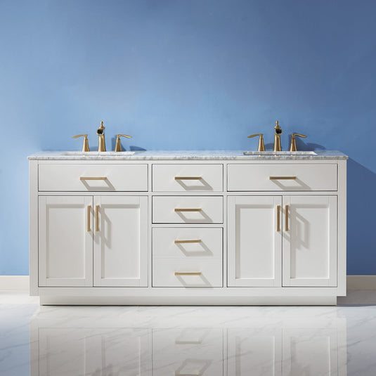 Altair Ivy 72" Double Bathroom Vanity Set in White and Carrara White Marble Countertop with Mirror 531072-WH-CA