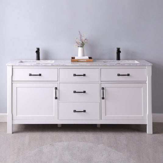Altair Maribella 72" Double Bathroom Vanity Set in White and Carrara White Marble Countertop with Mirror  535072-WH-CA