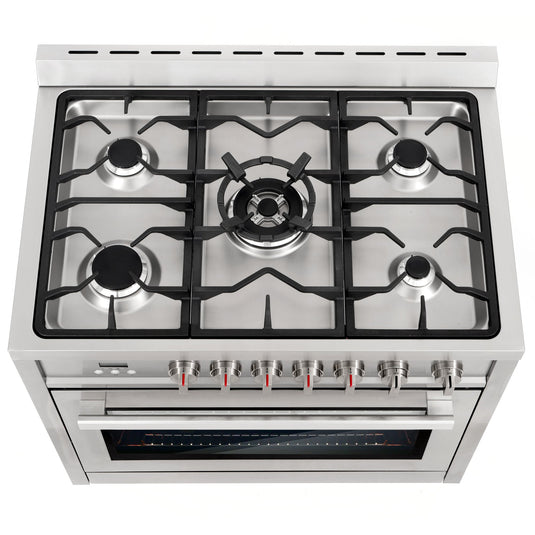 Cosmo 36'' 3.8 cu. ft. Single Oven Gas Range with 5 Burner Cooktop and Heavy Duty Cast Iron Grates in Stainless Steel COS-965AGFC