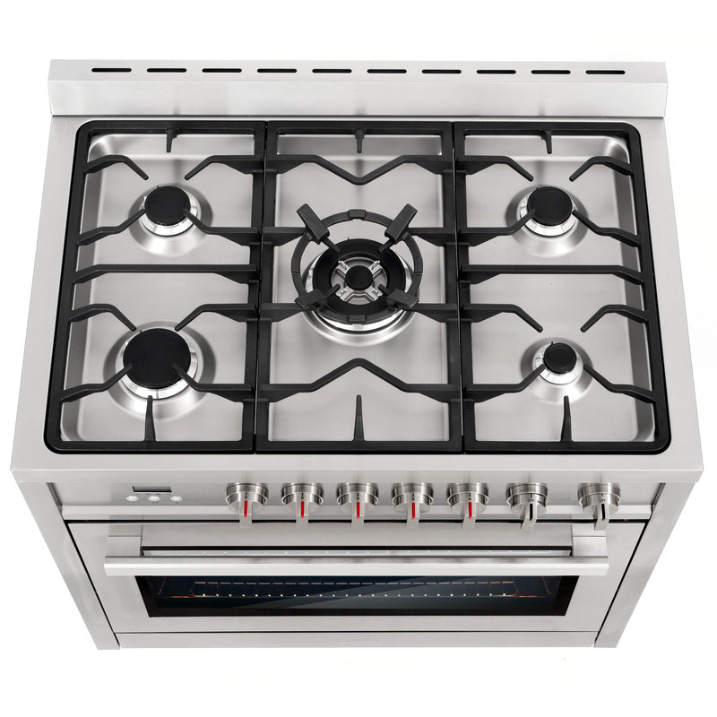 Load image into Gallery viewer, Cosmo 36'' 3.8 cu. ft. Single Oven Gas Range with 5 Burner Cooktop and Heavy Duty Cast Iron Grates in Stainless Steel COS-965AGFC
