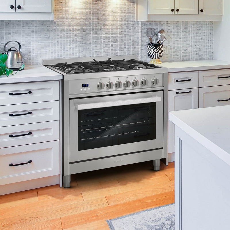 Load image into Gallery viewer, Cosmo 36'' 3.8 cu. ft. Single Oven Gas Range with 5 Burner Cooktop and Heavy Duty Cast Iron Grates in Stainless Steel COS-965AGFC
