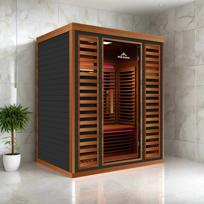 Load image into Gallery viewer, Peak Saunas Matterhorn Luxury 3-Person Full Spectrum Infrared Sauna with Two XL Medical-Grade Red Light Therapy Panels &amp; Smart WiFi App Control
