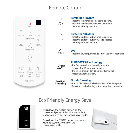 Vovo Stylement Electronic Smart Bidet Seat in White with Heated, Warm Dry and Water and LED Nightlight Functions, VB-6000SR