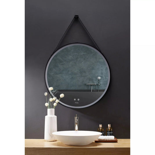 Ancerre 30” Sangle Led Mirror Black Framed Lighted Bathroom Vanity Mirror and Vegan leather Strap