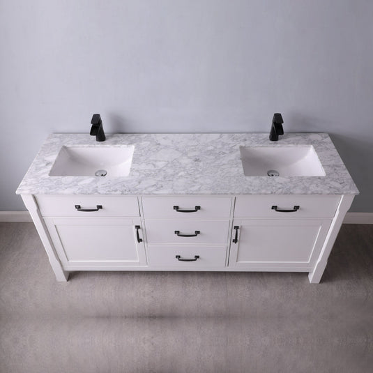 Altair Maribella 72" Double Bathroom Vanity Set in White and Carrara White Marble Countertop with Mirror  535072-WH-CA