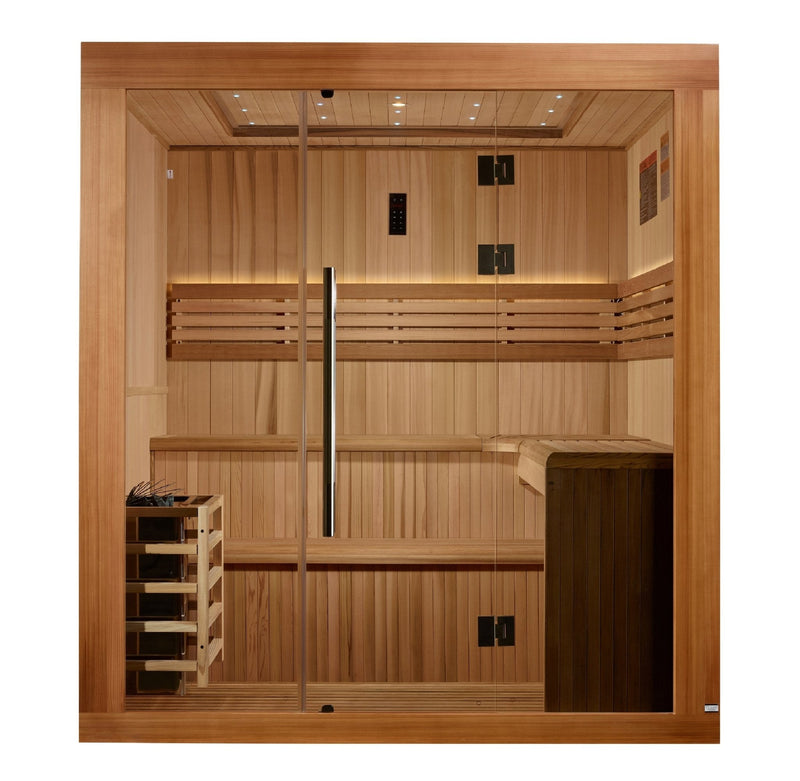 Load image into Gallery viewer, Golden Designs 2025 &quot;Osla Edition&quot; 6-Person Traditional Sauna – Canadian Red Cedar &amp; Pacific Premium Clear Cedar
