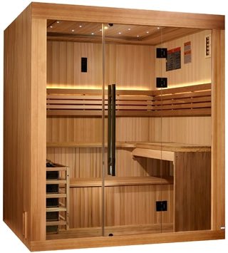 Load image into Gallery viewer, Golden Designs 2025 &quot;Osla Edition&quot; 6-Person Traditional Sauna – Canadian Red Cedar &amp; Pacific Premium Clear Cedar
